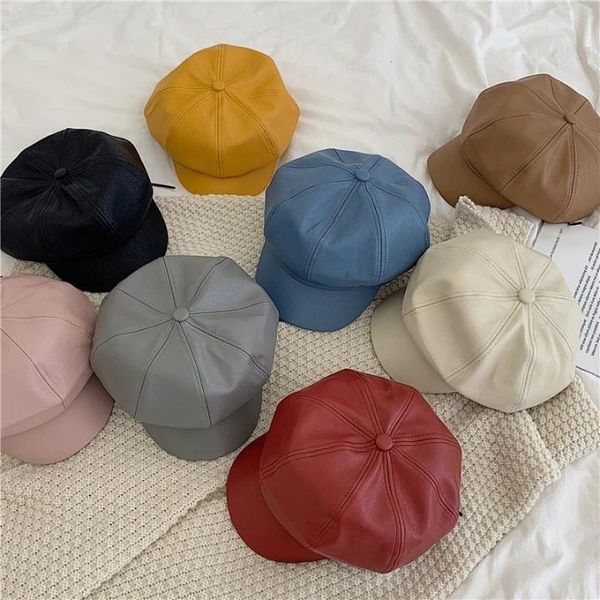 

stingy brim hats 2021 fall winter fashion women solid color pu leather caps octagonal cap casual vintage sboy for casquette, Blue;gray