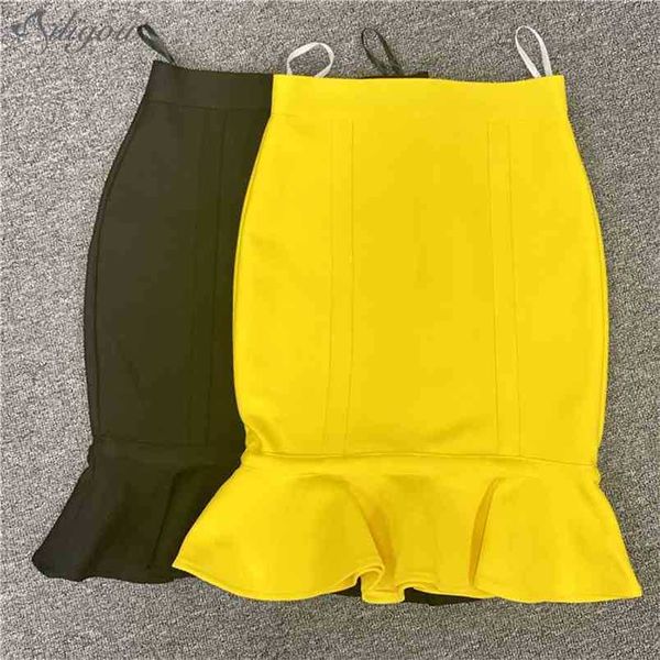 Vestido de bandagem 2 cores mulher joelho comprimento fiah cauda saias preto amarelo vintage vestios elegante night party outfit 210525
