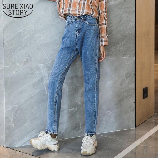 

fashion vintage blue jeans women 2021 autumn and winter high waist straight harem pants loose denim casual trousers 10827 women's