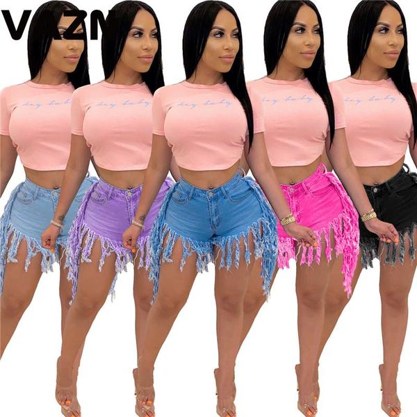 

women's jeans vazn 2021 summer lady 5 colors solid jean shorts mid waist tassel skinny high street, Blue
