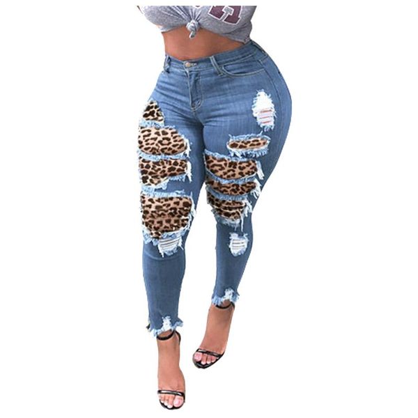 

women's jeans pants button high waist pocket leopard hole trousers slim denim women fashion harajuku 2021, Blue