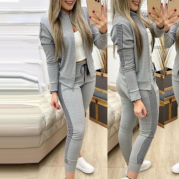 

women's two piece pants 2021 drawstring check jacket and set, White