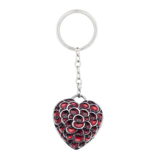 

dark red enamel heart shaped poppy flower key chain keychains, Silver