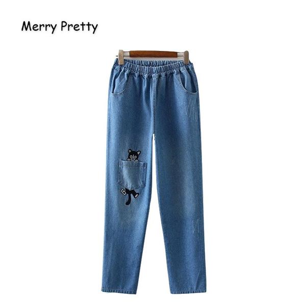 

women's jeans merry pretty women pants cartoon dog embroidery pockets denim elastic waist straight softener jean mom, Blue