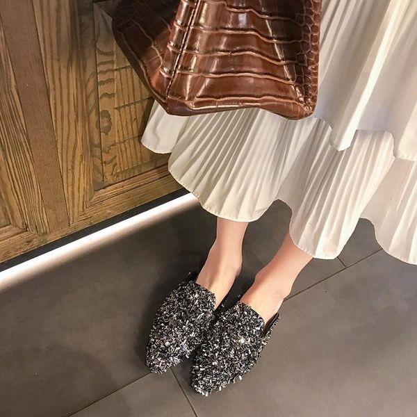 

slippers crystal rivet closed toe slides women outside low square heel spring autumm solid ladies shoes, Black
