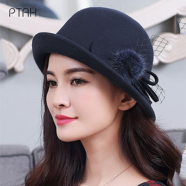 

stingy brim hats [ptah] wool fedoras for women solid color imitation woolen cap elegant britishladies caps bowler 100% australian, Blue;gray