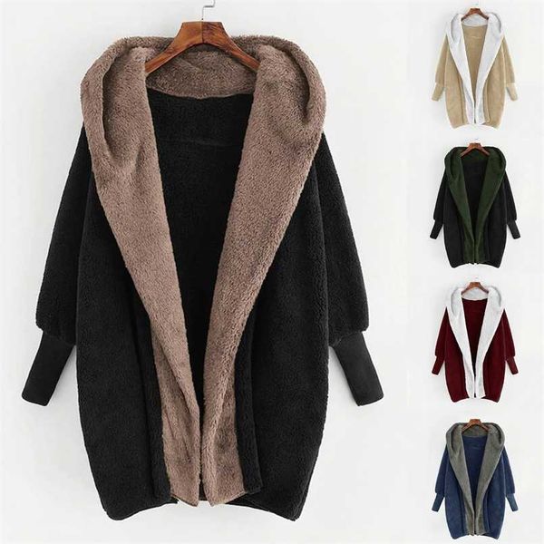 

winter thicken warm wool fleece coats women long sleeve fake fur hooded jackets female fluffy plush loose cardigan overcoat 211126, Black;brown