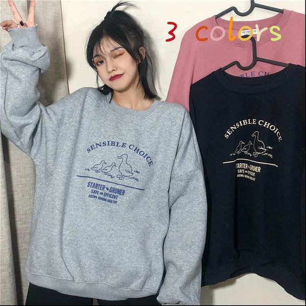 

women hoodies printed o neck all match loose korean style womens pullover plus velvet warm leisure fashion ulzzang, Black
