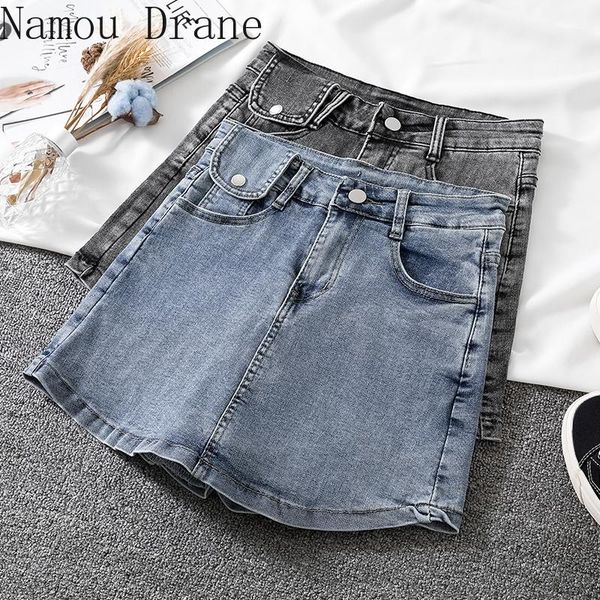 

women's jeans korean fashion shorts woman high waist pocket 2021 summer street short denim pants gray and blue