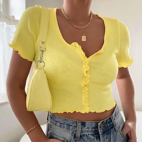 

o neck buttons solid ruffles women summer casual slim short sleeve crop ladies korean harajuku elegant t-shirt sj6041m women's, White