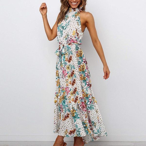 

casual dresses summer long dress women floral halter sleevelss sundress vacation clothes for #g2, Black;gray