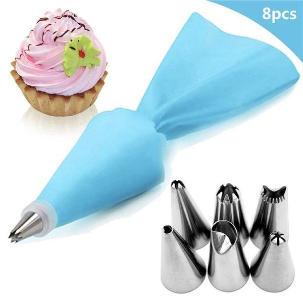 

8pcs/set silicone icing piping cream pastry bag stainless steel nozzle set diy cake decorating tips kitchen accessories baking & tools