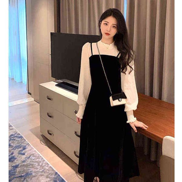 

casual dresses autumn 2022 style fake two hepburn french black veet children's autumn, Black;gray