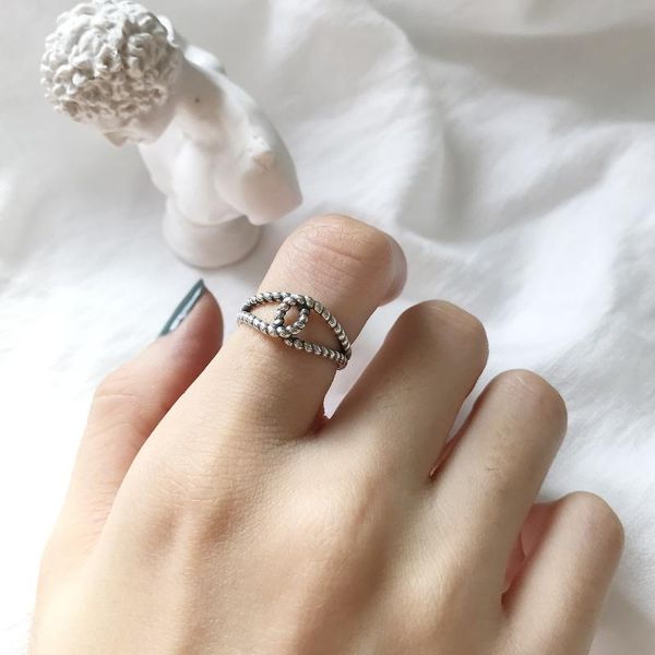 

cluster rings s925 sterling silver double twist rope vintage european and american rock art style thai plain open ring, Golden;silver