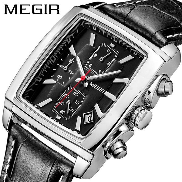 

wristwatches megir chronograph quartz watch mens watches leather luminous military wristwatch men clock relogio masculino, Slivery;brown