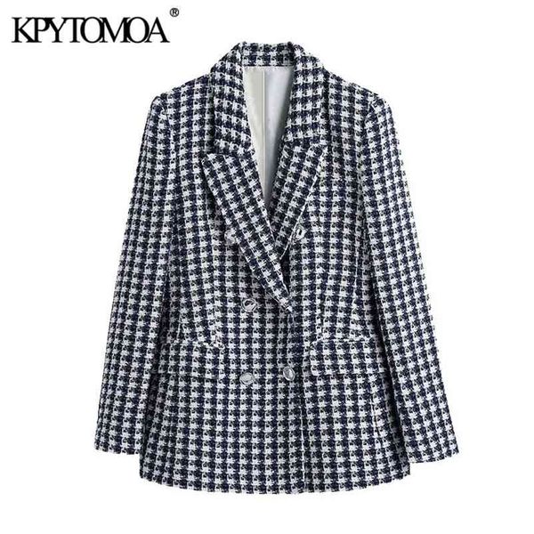 

women fashion double breasted tweed blazer coat vintage long sleeve pockets female outerwear chic veste femme 210420, White;black