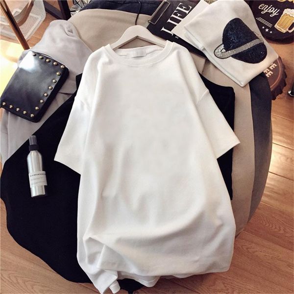 

women's t-shirt hong kong style ins loose short-sleeved all-match t-shirt, mid-length solid color half-sleeved for girls, White