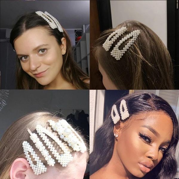 

hair accessories 3/4/5pcs/set women girls elegant full pearls geometric clips sweet ornament hairpin barrette headband, Slivery;white