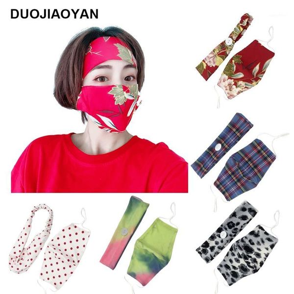 

duojiaoyaneuropean and american fashion breathable sports hairband retro lattice printed button headband two-piece mask headband1