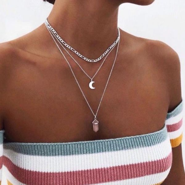 

pendant necklaces alloy moon multilayer necklace pink crystal, Silver