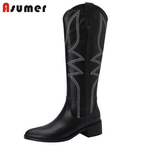 

boots asumer 2022 est cowboy western women genuine leather shoes round toe zip embroidery thick heel knee high, Black