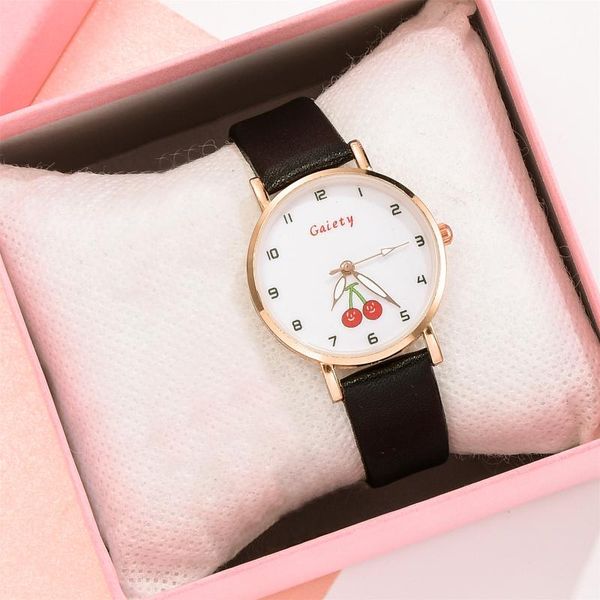 

korean style women watches qualities small ladies cute cherry fruit wristwatches leather student watch fashion female clock#1202, Slivery;brown