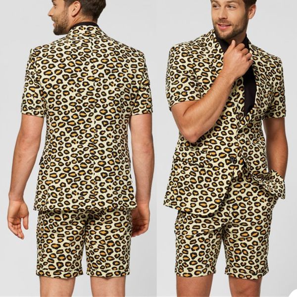 Heißer Leopard Kurze Herren Smoking Sommer Strand Bräutigam Männer Tragen Hochzeit Blazer Hosen Anzüge Business Prom Party (Jacke + hosen)