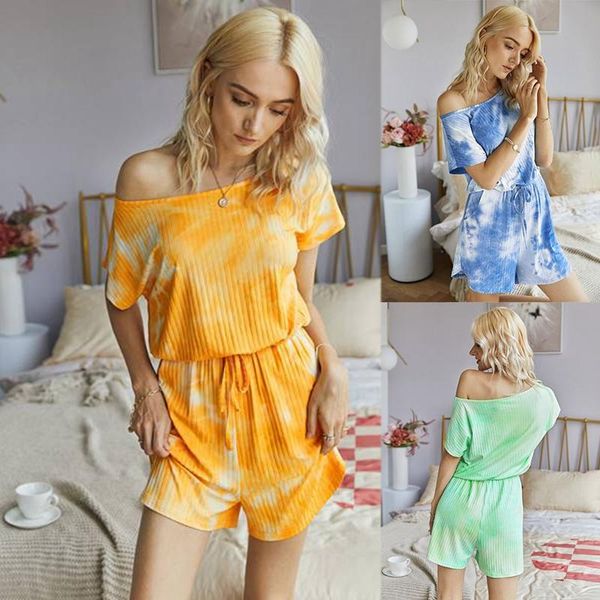 

women casual sleepwear jumpsuit tie-dye shorts off shoulder clothes women's jumpsuits & rompers, Black;white
