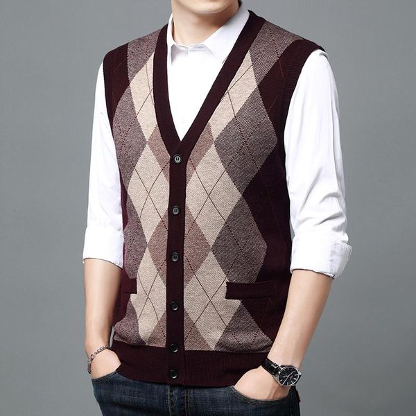 

men's sweaters 2021 style man argyle wool cardigan autumn & winter patchwork colors knitwear male sleeveless buttons up sweater vest, White;black