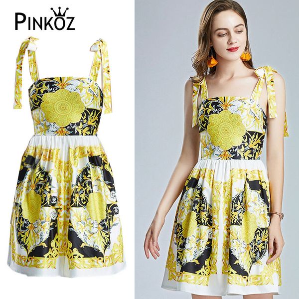 Fashion Designer Summer Dress Donne Spaghetti Strap Sexy Baroque Print Vintage A-Line Party Abiti da partito per Vestido 210421