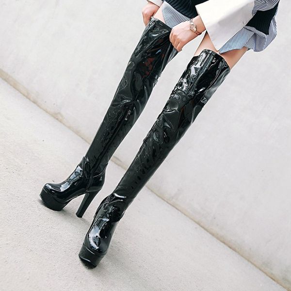 

thigh high boots women high heel platform over-the-knee boot female red round toe zipper high dance fetish shoes big size 210428, Black