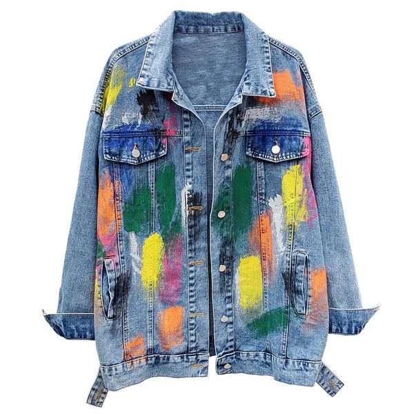 

women's jackets spring autumn korean women vintage graffiti denim harajuku casual loose jeans coat female cowboy vetement femme, Black;brown