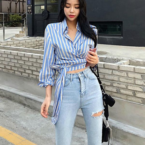 

women's jeans retro light color y2k with side holes, high waist, tight fit, all-match, hair-cut, nine minute pants wear, Blue