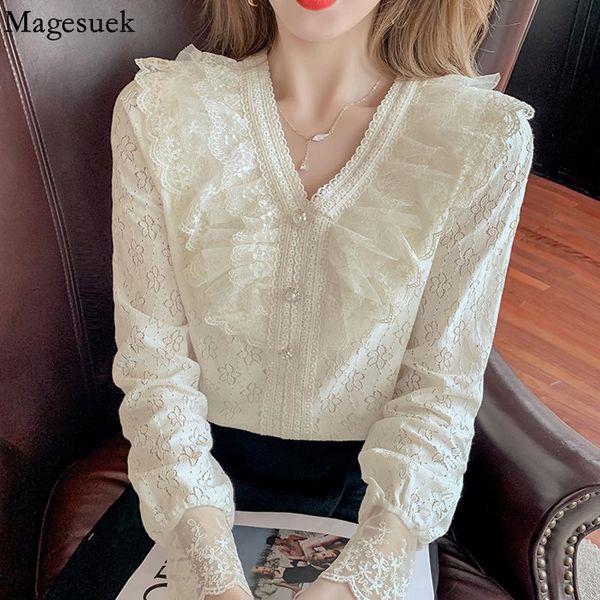 

women's blouses & shirts sweet lace ruffle blouse long sleeve autumn elegant v neck shirt white hollow flower female clothing 17207