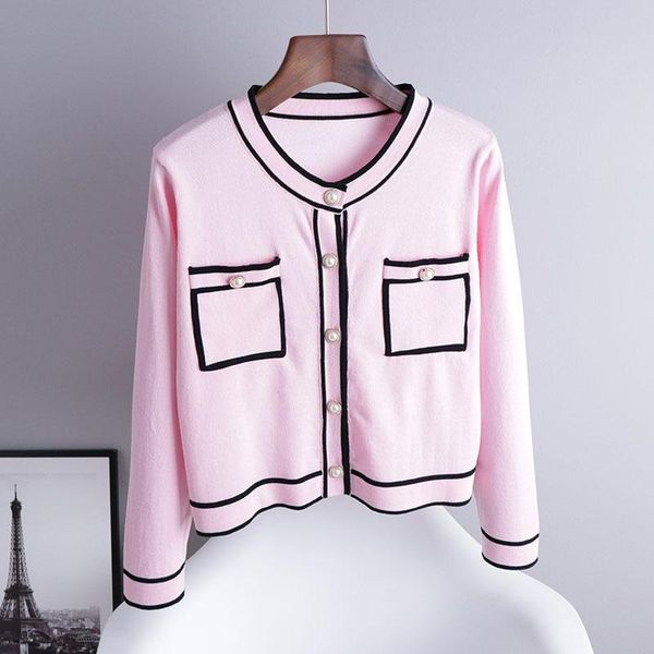 

women's knits & tees 2021 autumn long sleeve short cardigan women fashion patchwork knitted sweater o-neck elegant, White