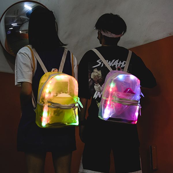 

women's bag with battery summer personality led light transparent backpack fashion travel beach double backpack