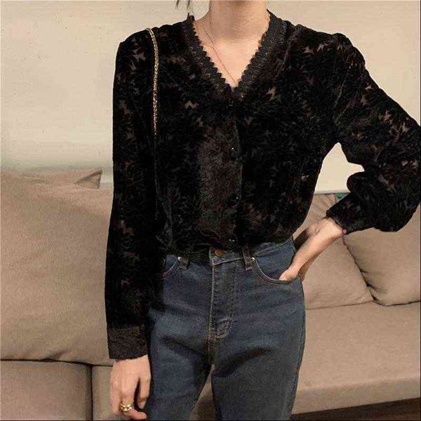 

black velvet womens blouses v neck chic gentle loose dark flowers office lady all match elegant shirts, White