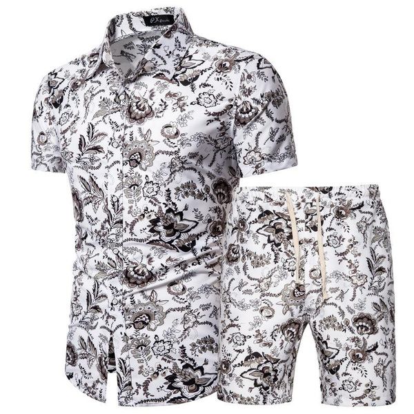 

men hawaiian print shirt sets 2021 summer short sleeve button casual floral suit coconut daily beach shorts 2-piece men's tracksuits, Gray