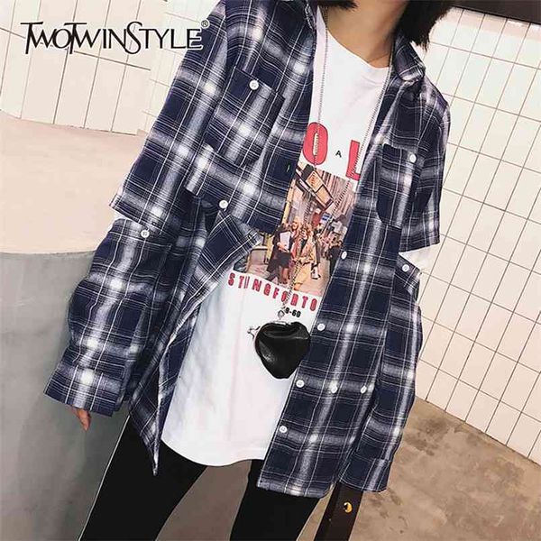 

plaid blue shirt for women lapel long sleeve hollow out hit color irregular casual blouse female fashion 210524, White