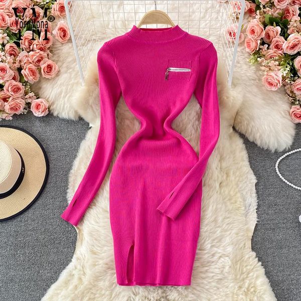 

casual dresses yornmona korean autumn knitted pencil dress slim stretchy split for women long sleeve mini bodycon, Black;gray