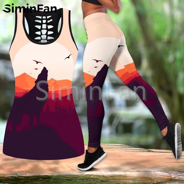 

women's two piece pants girl loves wolf animal combo outfit yoga sets women 3d print hollow out tank legging summer vest casual pant su, White