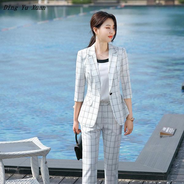 

two piece office set women elegant white black plaid blazer pants suits womens business formal work 1/2 sleeve jacket outfits women's