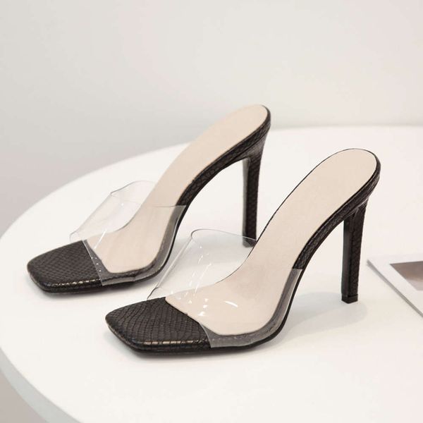 

open toe sandals women's summer thin heel flat slippers korean high heels transparent, Black