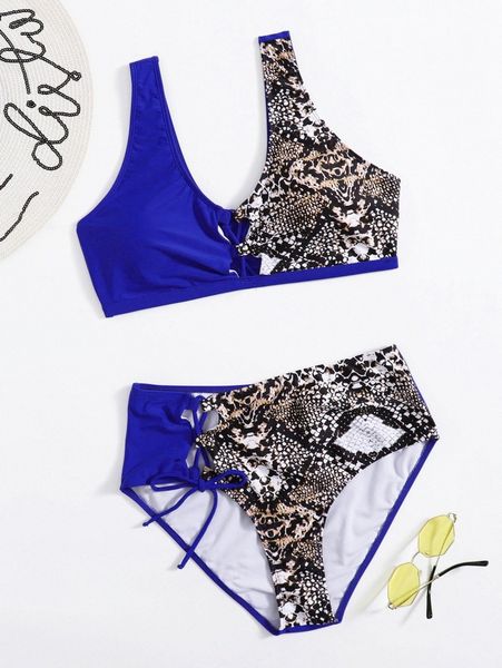 

plus snakeskin print lace-up bikini swimsuit v6bu#, Black
