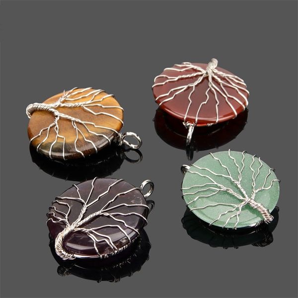 

wire wrap tree of life natural stone chakela pendant seven chakras reiki healing chakra rose quartz crystal pendulo charms necklace making j, Silver