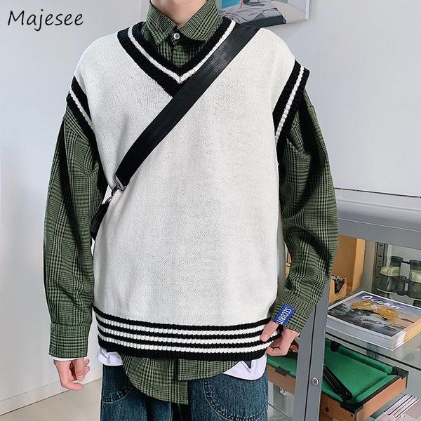 

sweater vest men striped simple all-match ulzzang streetwear retro casual knitwear plus size 3xl jumpers japanese college trendy men's, Black;white