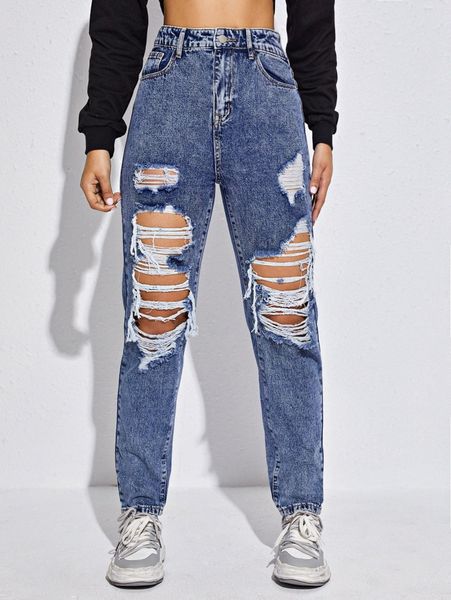 

high waist ripped mom jeans q7tt#, Blue