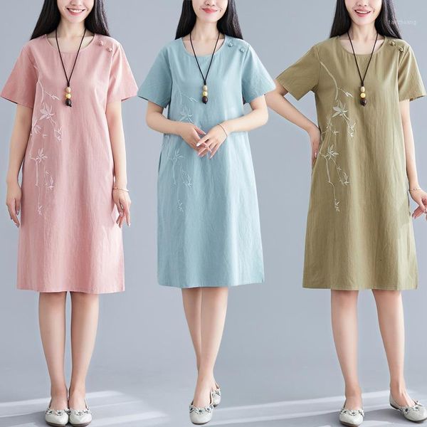 

casual dresses summer cotton linen women fashion embroidery o-neck vintage short sleeve office plus size vestidos1 gn23, Black;gray