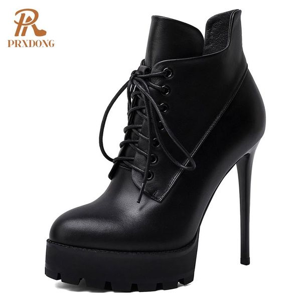 

boots autumn winter women ankle high thin stiletto heeled platform lace up zipper ladies shoes punk gothic real leather, Black