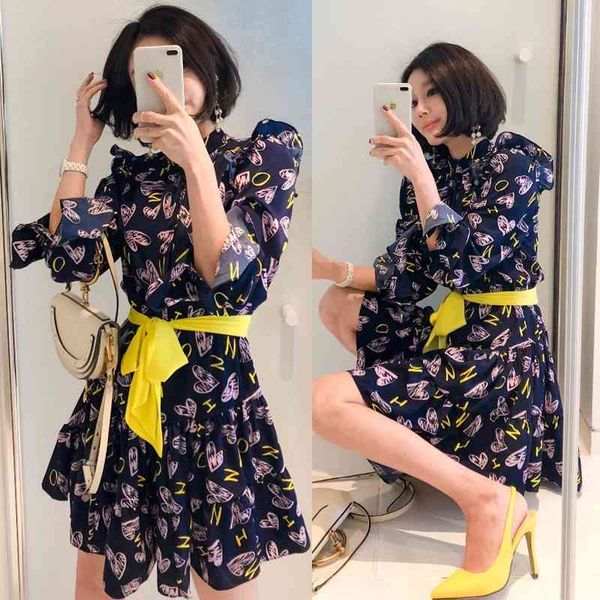 

korean temperament collar tie with waist printed long-sleeved fashion, Black;gray